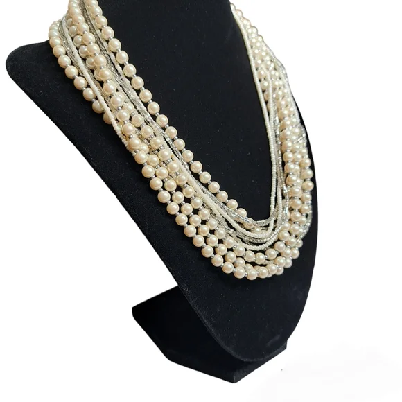 Women's 12 Layer Necklace Silver Tone Faux Pearls & Clear Beads 9.5 Inches - Picture 2 of 10